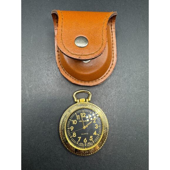 Vtg Milan Men’s Quartz Pocket Watch Black Dial w/ Leather Case 41.6mm MLN1070 - Picture 2 of 11